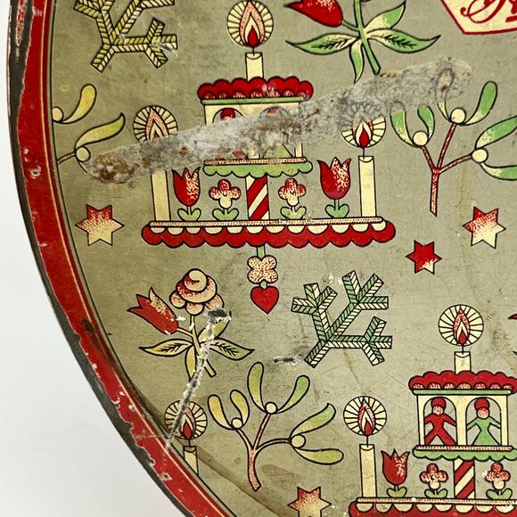 Vintage 30s Huylers Christmas Candy Tin Round Metal Primitive Cottage Farmhouse - Picture 8 of 15